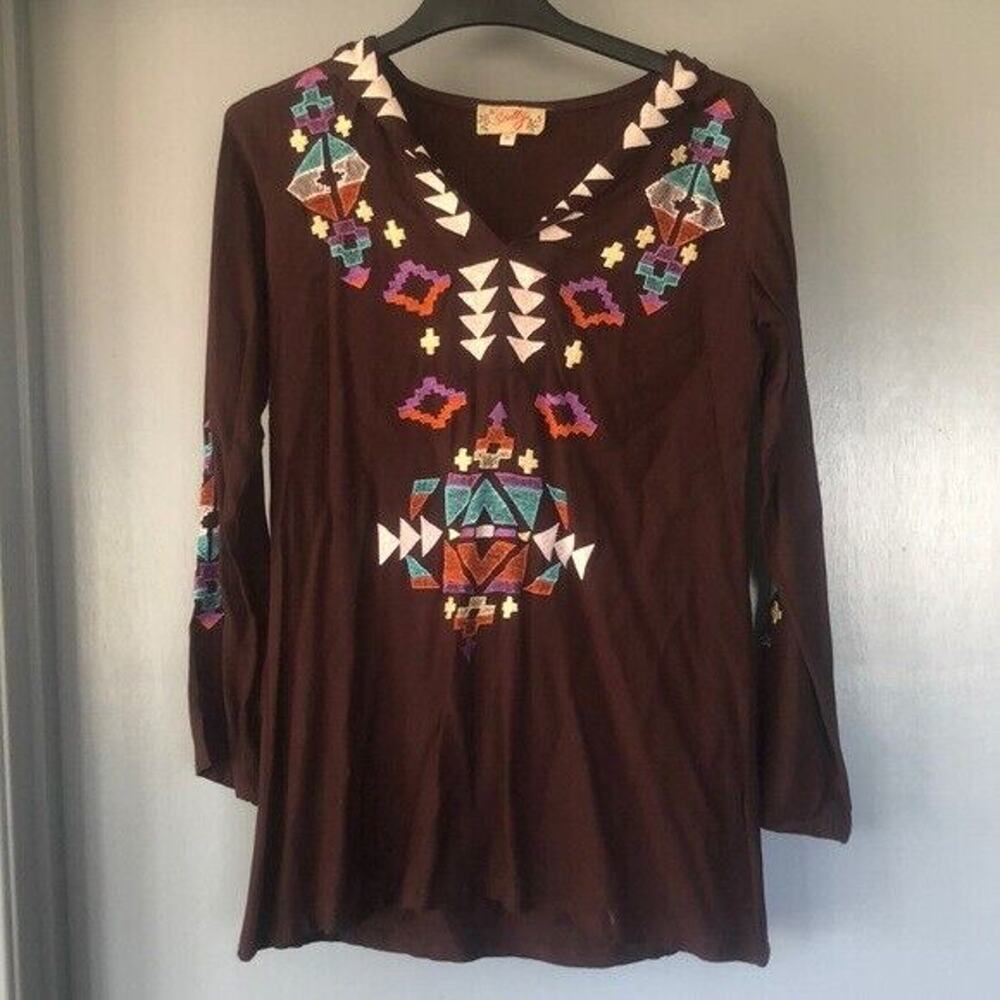 Scully Womens Brown Southwestern Aztec Embroidered Long Sleeve Hoodie Size M